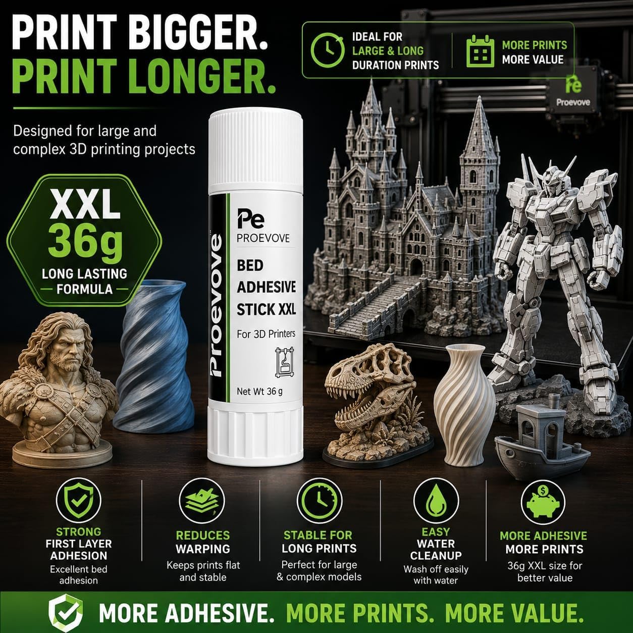 Proevove™ 3D Printer Bed Adhesive Stick XXL 36g — feature overview